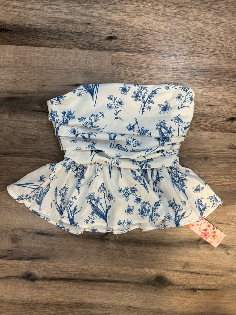 SHEIN White Strapless Peplum Floral Top with Blue Print